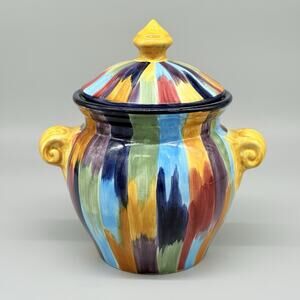 Tabletops Unlimited Madrid Canister Multicolor Brushstroke Design 10" W/Lid